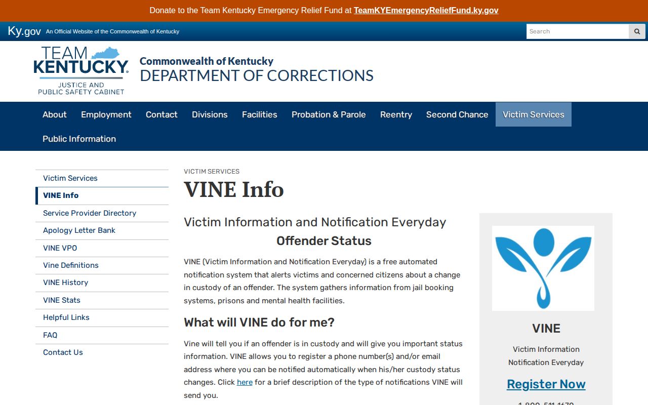 Kentucky VINE guidance for Clinton County custody alerts