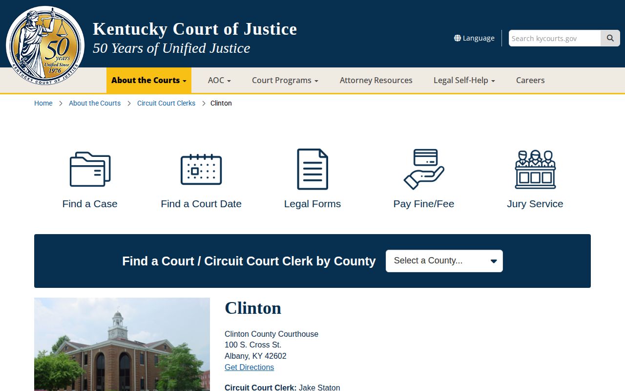 Kentucky Court of Justice Clinton County clerk and case access page