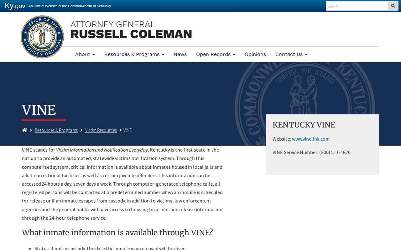 Kentucky Attorney General VINE information for Clinton County jail alerts